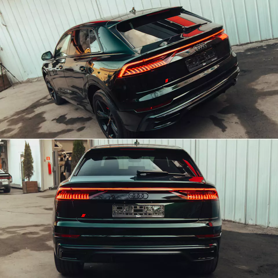 Месяц работы над новым Audi Q8, который 2 года простоял в Дубае! Оклейка в цветной полиуретан с проемами, окрас дисков и фирменный шиномонтаж, окрас суппортов в candy с лого, антихром, детейлинг